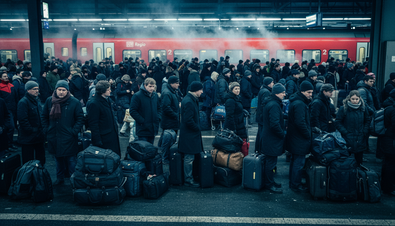 Travellers with luggage on a busy train platform in Switzerland